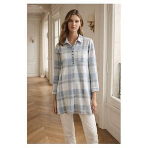 Soft Surroundings Mad About You Light Blue Gingham Tunic Blouse Top Plus Size 2X